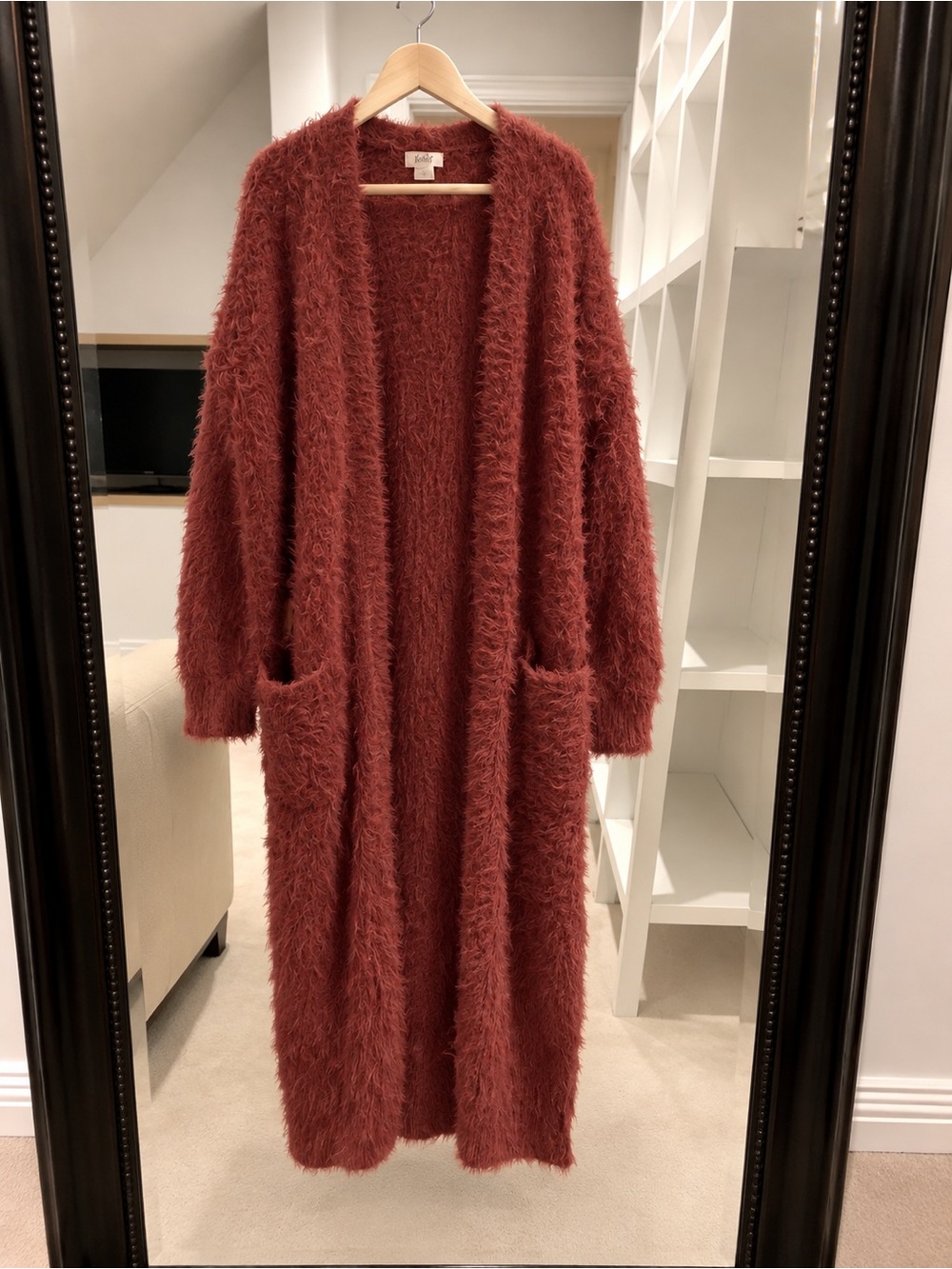 Rust Burnt Orange Fuzzy Eyelash Knit Long Maxi Duster Cardigan with Pock